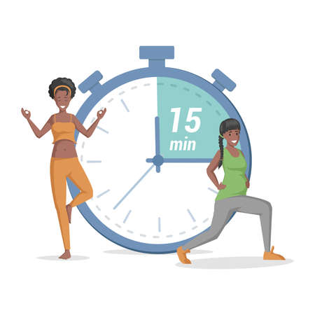 Happy women doing yoga on the background of timer vector flat illustration. Girl and pregnant woman stretching.のイラスト素材