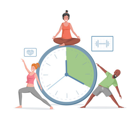 Smiling man and women doing sport exercises and yoga on the background of timer vector flat illustration.のイラスト素材