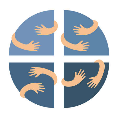 Human hands embracing or holding circle segments vector flat illustration. Creative emblem with blue quadrants or sectors and arms.のイラスト素材