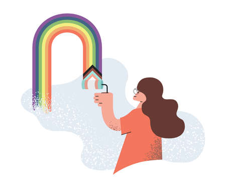 Young woman painting wall with rainbow colors. Smiling girl drawing LGBTQ plus rainbow flag on the wall vector cartoon illustration.のイラスト素材