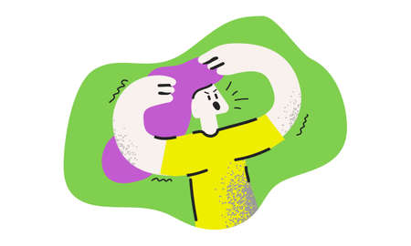 Young angry woman cartoon character isolated on a green background. Unhappy girl with hands raised at the head feeling negative emotions.のイラスト素材