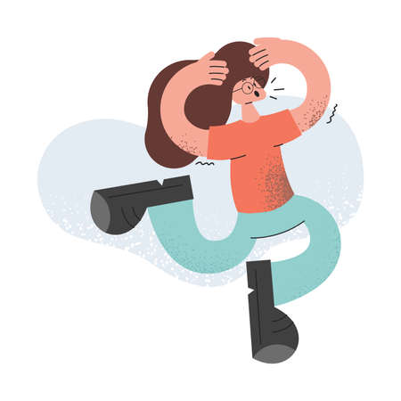 Young stressed woman vector cartoon character. Girl with hands raised at the head feeling shocked emotions or panic.のイラスト素材