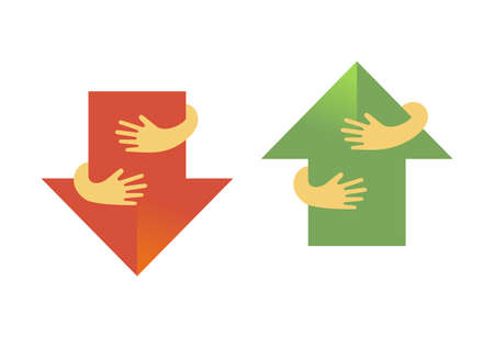 Human hands embracing or holding arrows vector flat illustration. Creative emblem with red down arrow and green up arrow and hugging arms.のイラスト素材
