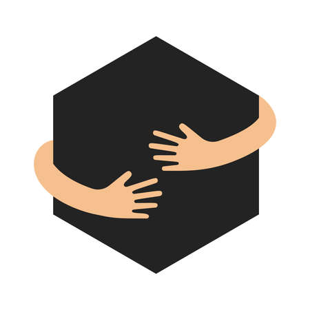 Human hands embracing or holding regular hexagon vector flat illustration. Creative emblem with black big figure and hugging arms.のイラスト素材
