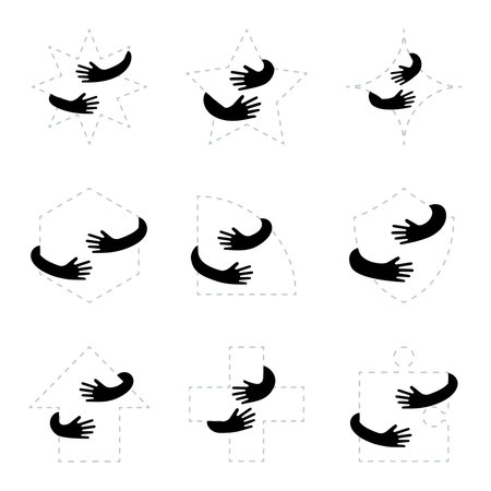 Human hands holding or embracing different geometric figures vector flat illustration.のイラスト素材