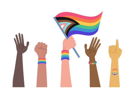 Human hands holding rainbow LGBT plus flag. Lesbian, gay, bisexual, transgender, and queer people pride parade vector flat illustration.のイラスト素材