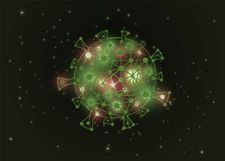 virus cell vector flat cartoon illustration with glowing red and yellow stars.のイラスト素材