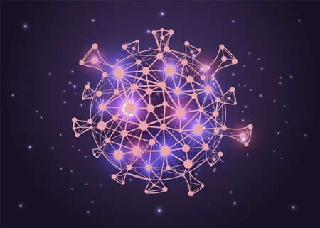 virus cell vector flat cartoon illustration isolated on violet background with glowing stars.のイラスト素材