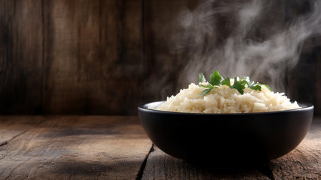 A beautifully presented bowl of steaming jasmine rice, with delicate steam rising from the top, set on a dark wooden background with subtle lighting.の素材