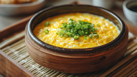 A beautifully presented steamed egg custard topped with crab, served in a traditional ceramic bowl, with a bamboo mat underneath for a rustic touch.の素材