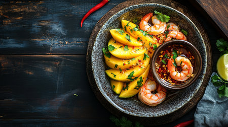 A beautifully styled serving of sour mango slices on a ceramic dish, accompanied by a bowl of rich, sweet fish sauce with shrimp and chili, set against a dark wood table.の素材