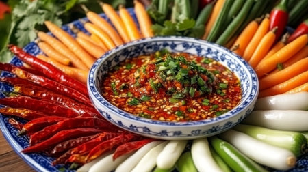 A beautifully styled plate of colorful fresh vegetables like bell peppers, carrots, and long beans, surrounding a bowl of chili paste with dried shrimp on top.の素材