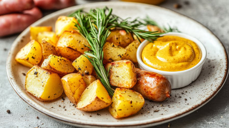 A beautifully styled plate of sausages, served with roasted potatoes and a side of mustard, garnished with fresh rosemary and thyme for a gourmet touch.の素材