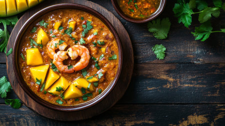 A beautifully styled serving of sour mango slices on a ceramic dish, accompanied by a bowl of rich, sweet fish sauce with shrimp and chili, set against a dark wood table.の素材