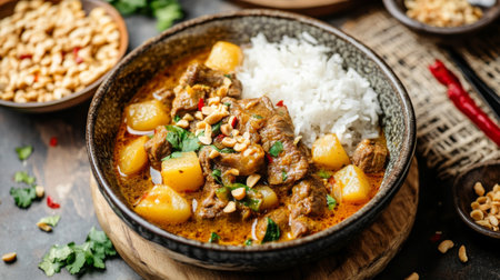 A beautiful bowl of Thai Massaman curry with tender beef, potatoes, and peanuts, served with rice, capturing the rich, fragrant, and hearty nature of the dishの素材