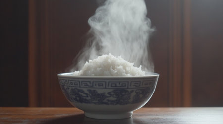 A beautifully presented bowl of steaming jasmine rice, with delicate steam rising from the top, set on a dark wooden background with subtle lighting.の素材