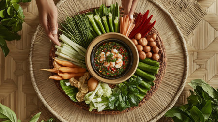 A beautifully styled platter of various fresh vegetables arranged around a bowl of shrimp paste chili dip , placed on a traditional woven mat.の素材