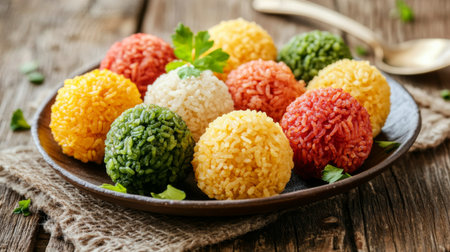 A beautifully presented plate of rice balls with colorful fillings, set against a rustic wooden background, with soft lighting bringing out the texturesの素材