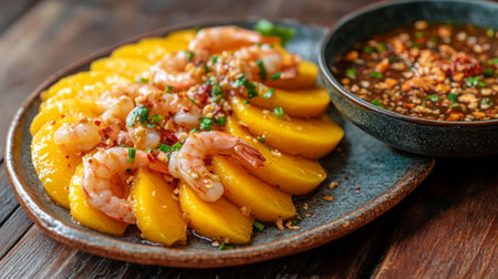 A beautifully styled serving of sour mango slices on a ceramic dish, accompanied by a bowl of rich, sweet fish sauce with shrimp and chili, set against a dark wood table.の素材