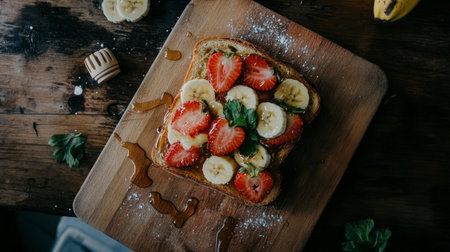 A beautifully styled honey toast served on a wooden cutting board, with sliced strawberries and bananas, drizzled with honey, showcasing its delicious toppings.の素材