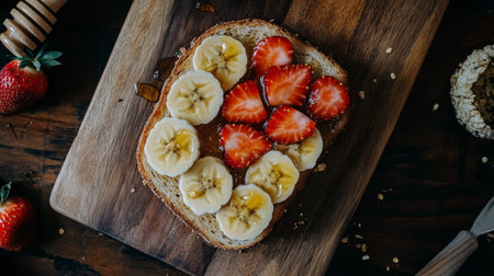 A beautifully styled honey toast served on a wooden cutting board, with sliced strawberries and bananas, drizzled with honey, showcasing its delicious toppings.の素材