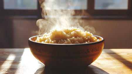 A bowl of fluffy steamed rice with steam rising, placed on a wooden table with soft natural light filtering through, creating a warm and inviting feel.の素材