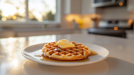 A classic waffle with butter and syrup on a simple white plate, surrounded by a clean, modern kitchen counter with subtle natural light.の素材