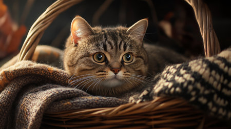 A chubby cat nestled in a wicker basket, surrounded by cozy blankets, creating a charming and homey scene.の素材