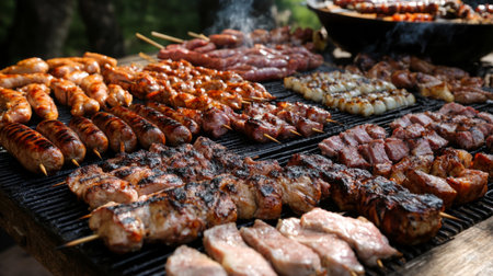 A barbecue feast spread on a table, featuring assorted grilled pork cuts, sausages, and kebabs, ready to be enjoyed with friends and family.の素材