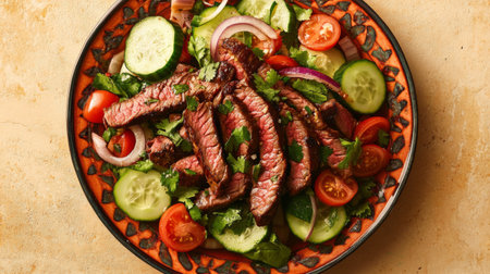 A colorful plate of Yam Nua, Thai spicy beef salad with thinly sliced grilled beef, onions, tomatoes, cucumbers, and a tangy lime dressing.の素材