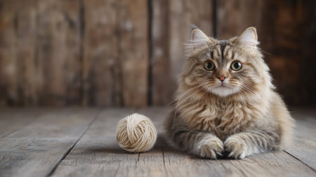 A chubby cat playing with a ball of yarn on a wooden floor, showcasing its playful side in a simple, rustic setting.の素材