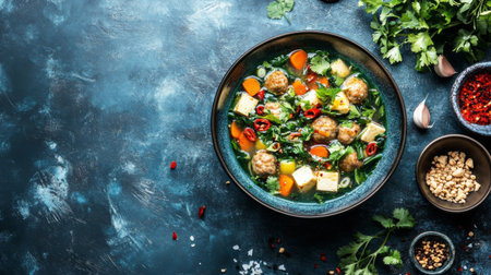 A comforting bowl of Gaeng Jued, Thai clear soup with pork meatballs, tofu, and vegetables, flavored with garlic and cilantro.の素材