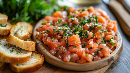 A gourmet platter of salmon tartare, finely chopped and seasoned with herbs, served with crispy crostini for scooping up the flavorful fish.の素材