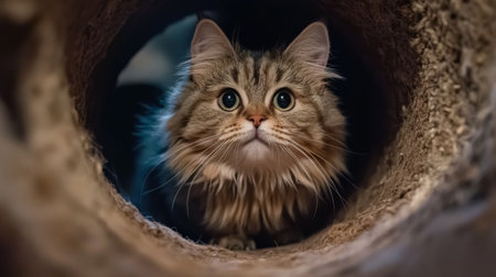 A fluffy cat peering out from a cat tunnel, its eyes sparkling with playful mischief.の素材