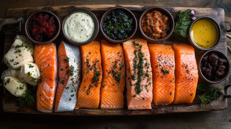 A gourmet seafood platter showcasing a variety of salmon preparations, including grilled, poached, and smoked, served with dipping sauces.の素材
