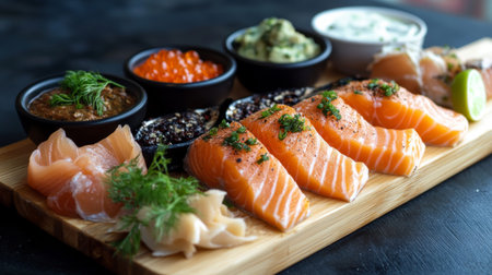 A gourmet seafood platter showcasing a variety of salmon preparations, including grilled, poached, and smoked, served with dipping sauces.の素材