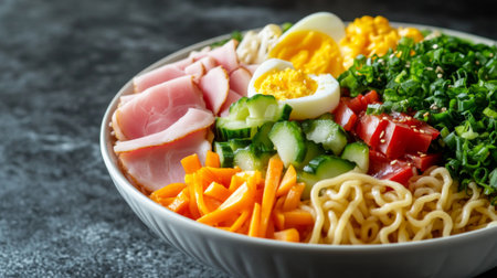 A refreshing bowl of hiyashi chuka, chilled ramen noodles topped with colorful vegetables, slices of ham, egg, and a tangy sesame dressing.の素材