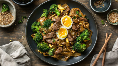 A delicious plate of Pad See Ew, Thai stir-fried noodles with tender slices of beef, broccoli, and egg, seasoned with sweet soy sauce and garlic.の素材