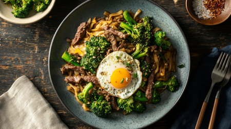 A delicious plate of Pad See Ew, Thai stir-fried noodles with tender slices of beef, broccoli, and egg, seasoned with sweet soy sauce and garlic.の素材