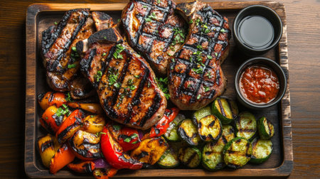 A platter of grilled pork chops, perfectly charred and juicy, served with grilled vegetables and savory dipping sauces, enticing the appetite.の素材