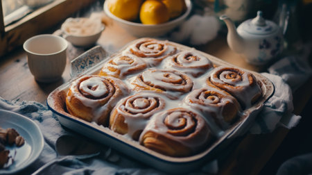 A tray of warm cinnamon rolls straight out of the oven, swirled with cinnamon sugar and topped with a creamy glaze, a comforting treat.の素材