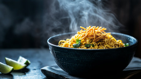 A steaming bowl of Khao Soi, Northern Thai curry noodles, topped with crispy noodles, pickled mustard greens, and fresh lime wedges.の素材