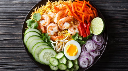 A tempting platter of Khao Pad, Thai fried rice with shrimp, egg, onions, peas, and carrots, garnished with sliced cucumber and a wedge of lime.の素材