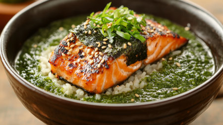 A warm bowl of comforting ochazuke, featuring rice soaked in green tea and topped with savory grilled salmon, nori, and sesame seeds.の素材