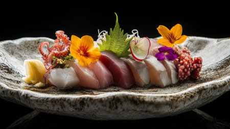 Delicate slices of sashimi arranged beautifully on a platter, showcasing fresh tuna, salmon, yellowtail, and octopus.の素材