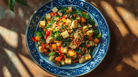 A vibrant plate of Pad Pak Ruam, Thai stir-fried mixed vegetables with tofu, garlic, and soy sauce, bursting with color and flavor.の素材