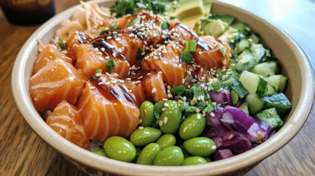 A vibrant poke bowl filled with diced salmon, avocado, edamame, and colorful vegetables, drizzled with sesame dressing and garnished with sesame seeds.の素材