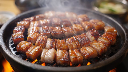 A sizzling hot barbecue grill loaded with juicy pork belly slices, smoke rising and flames licking the meat, igniting the senses.の素材