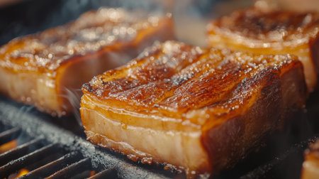 A close-up of juicy pork belly slices grilling on a hot barbecue grill, the fat rendering and the meat developing a mouthwatering char.の素材