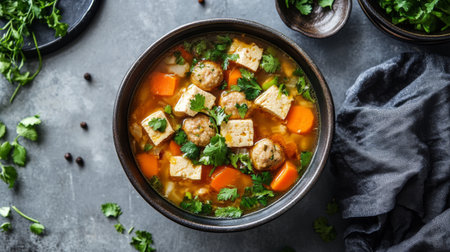 A comforting bowl of Gaeng Jued, Thai clear soup with pork meatballs, tofu, and vegetables, flavored with garlic and cilantro.の素材